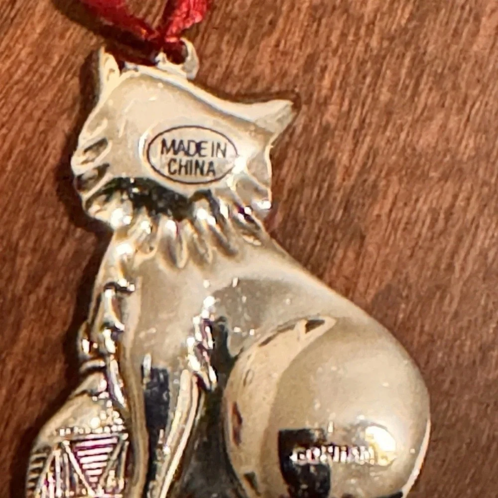 Gorham Silver Cat Ornament with Red Ribbon